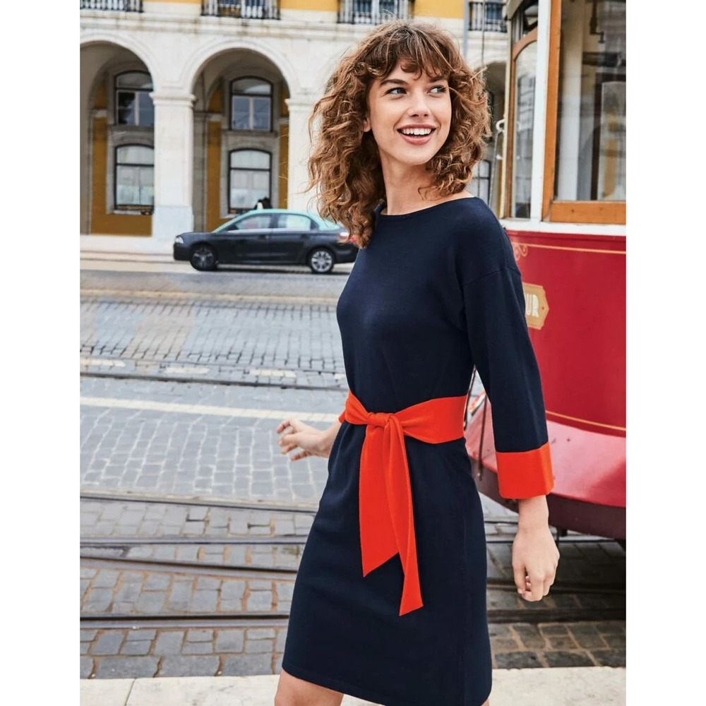 Boden Sweater Dress 10 Navy Blue Esmeralda Waist Tie Retro A-Line Mini